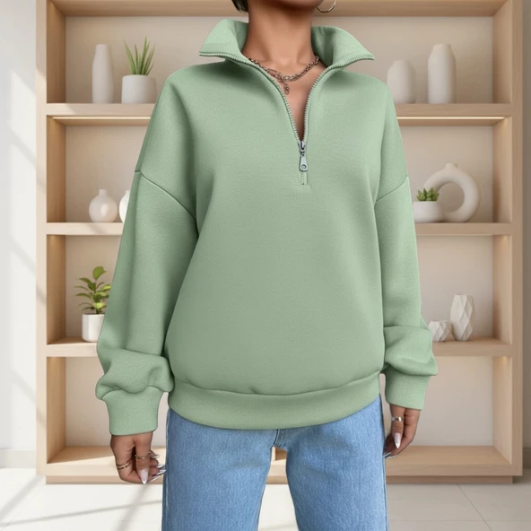 BİÇOMİ 3 iplik Şardonlu yarım fermuarlı sweatshirt mint ürün görseli 1