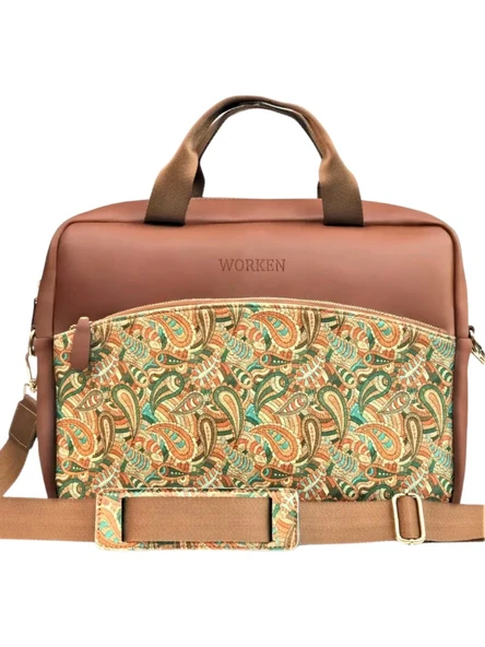 13-14 Inç Laptop, Notebook, Macbook Pro-Air Askılı Deri Çanta Şal Desen Etnik Taba ürün görseli 1