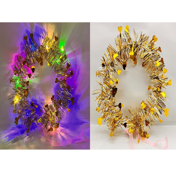 Kalp Püsküllü Gece Parıltısı 3 Modlu LED li Işıklı Taç Altın Renk ürün görseli 1