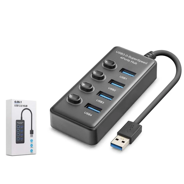 Hadron HDX7049 USB Hub 3.0 5Gbps 4x USB-A 4 Port Switch’li Çoklayıcı Siyah ürün görseli 1