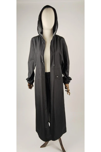 TAM BOY UZUN KAPŞONLU TESETTÜR TRENÇKOT - Resim 6