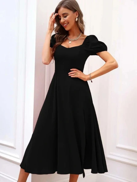 MDB Kadın Kısa Kollu Kare Yakalı Yırtmaçlı Midi Janjan Krep Elbise - Resim 4