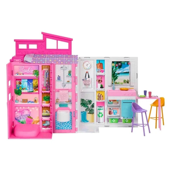 Barbie Portatif Tatil Evi Bebek ve Oyun Seti HRJ77 - Resim 3