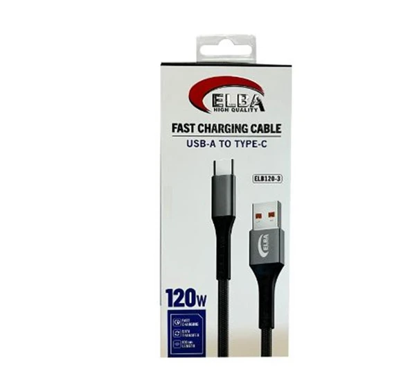 Elba Elb120-3 120w   USBC Type-c To Usb 1Mt Siyah Örgülü  Şarj Kablosu ( Data Veri ) ürün görseli 1