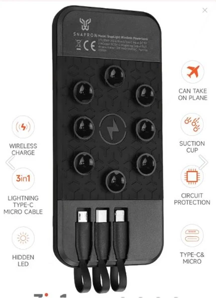 Snapron SNP-3003 10.000 Mah Vantuzlu Wireless Kablosuz ve 3in1 Kablolu Powerbank - Resim 2