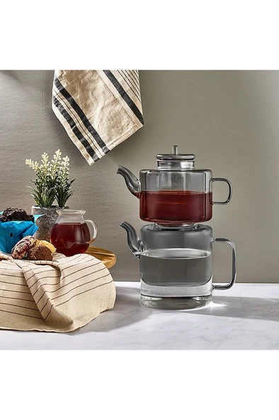 Perotti Tobby Füme Borosilikat Cam Çaydanlık 1.1L + 1.75L 15950 - Resim 2