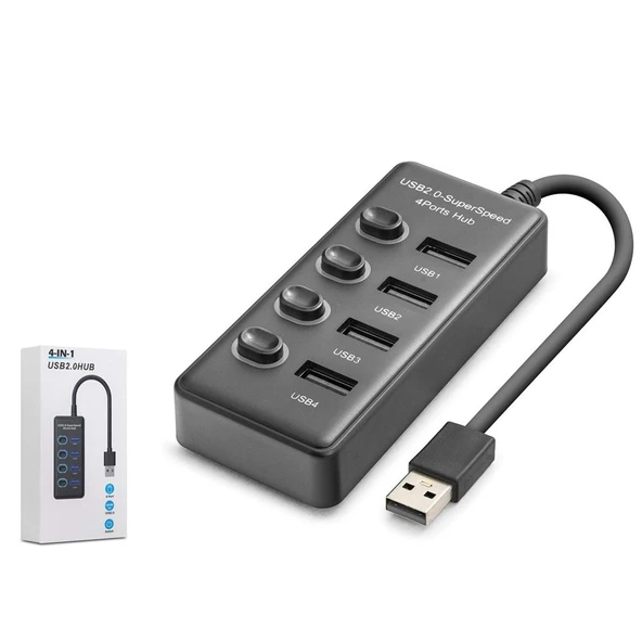 Hadron HDX7048 USB Hub 2.0 480Mbps 4x USB-A 4 Port Switch’li Çoklayıcı Siyah ürün görseli 1