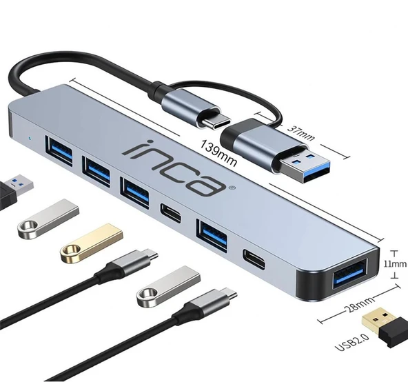 Inca IUTP-7T Usb+Type-c Girişli USB 3.0+4X USB 2.0 Type-C 5V 2X Type-C 100W Çoklayıcı ürün görseli 1