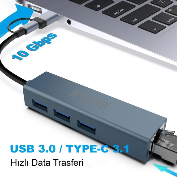 Inca IUTP-03TX Ethernet Usb 3.0+Type-C 3.1 Grişli 000 Mbps 3X3.1Usb Eternet-Çoklayıcı - Resim 3