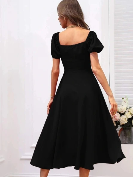 MDB Kadın Kısa Kollu Kare Yakalı Yırtmaçlı Midi Janjan Krep Elbise - Resim 3