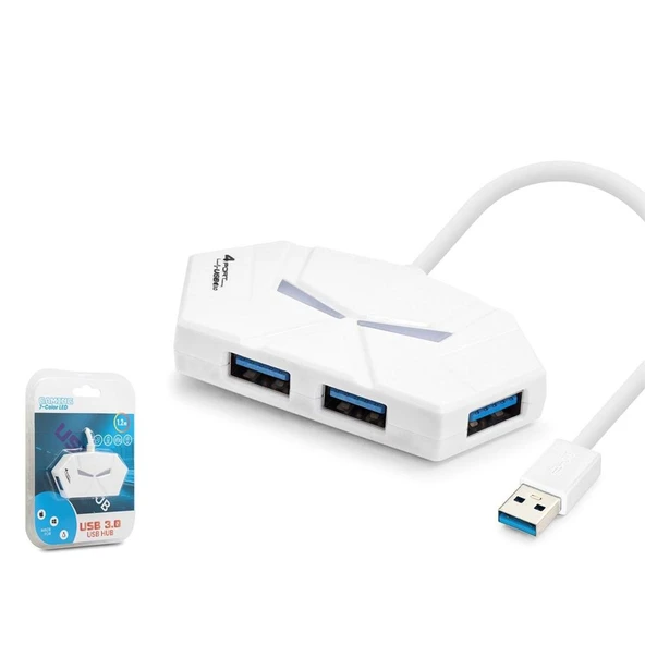 Hadron HDX7051 Gaming USB Hub 3.0 5Gbps 4x USB-A 3.0 7 Renk LED 4 Port Çoklayıcı 120cm Beyaz ürün görseli 1