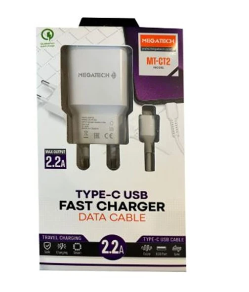 Megatech Mt-CT2 2.2a 2ın1 Typc-e Ev Şarj+Type-c Kablo Hızlı Şarj ürün görseli 1