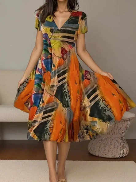 MDB Kadın Kısa Kollu V Yaka Renkli Karışık Desen Kloş Süprem Midi Elbise ürün görseli 1