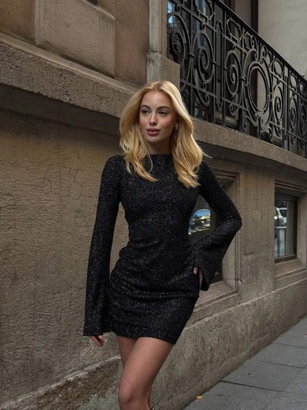 Mini Simli Elbise İspanyol Kol: - Resim 4