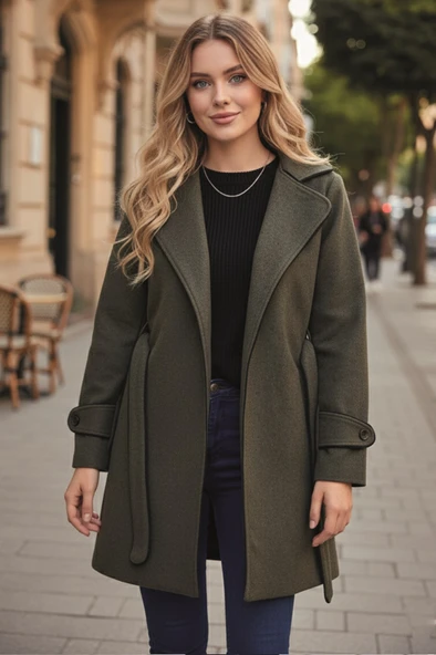 Kaşe Kadın Şık Tasarım Yaka Kaban ve Kemer - Resim 4