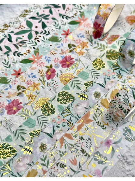Kare Vintage Washi Tape Bant Yapışkanlı Maskeleme Kağıdı Desenli Bant 12'li - Yeşil Çiçekler - Resim 2