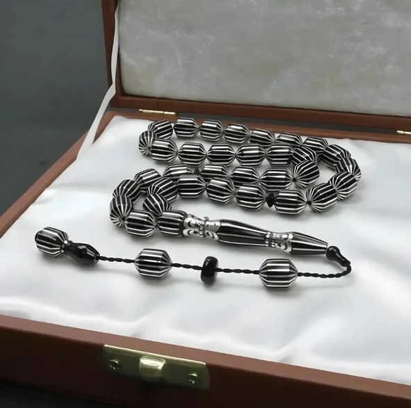BlackCraft Tıraşlı Gümüş Nakkaş İmame 16'lı Oltu Taşı Tespih - Resim 2
