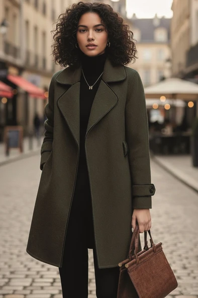 Kaşe Kadın Şık Tasarım Yaka Kaban ve Kemer ürün görseli 1