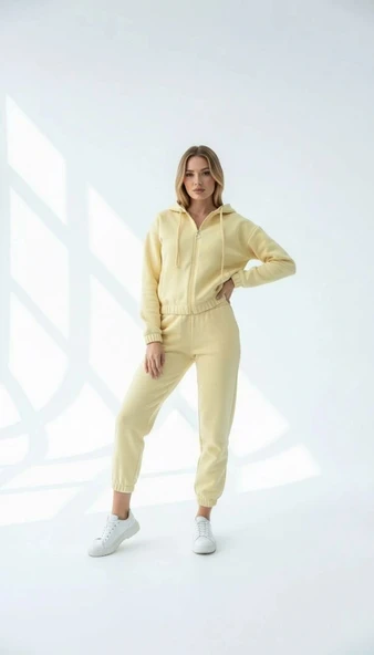 3 iplik şardonlu Kapşonlu fermuarlı kısa üst sarı pat8590 - Resim 2