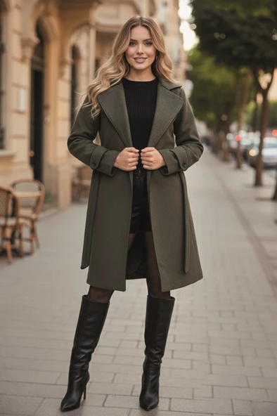 Kaşe Kadın Şık Tasarım Yaka Kaban ve Kemer ürün görseli 1