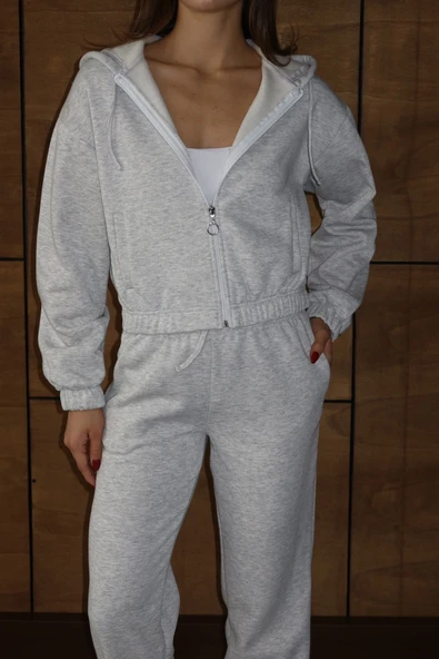 3 iplik şardonlu Kapşonlu fermuarlı kısa üst gri pat8590 ürün görseli 1