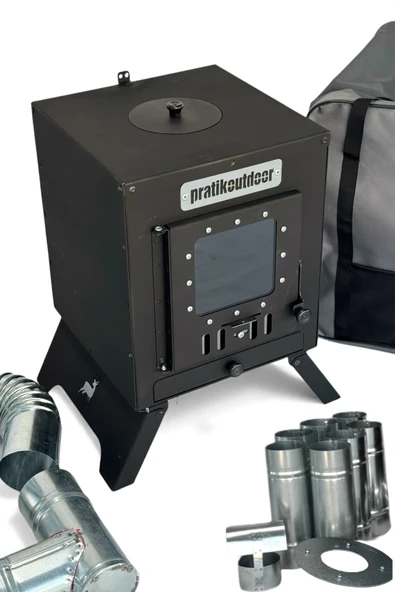 Kare Kamp ve Çadır Sobası – Katlanır Ayaklı, Borulu ve Büyük Camlı Odun Sobası Seti, Taşıma Çantalı ürün görseli 1