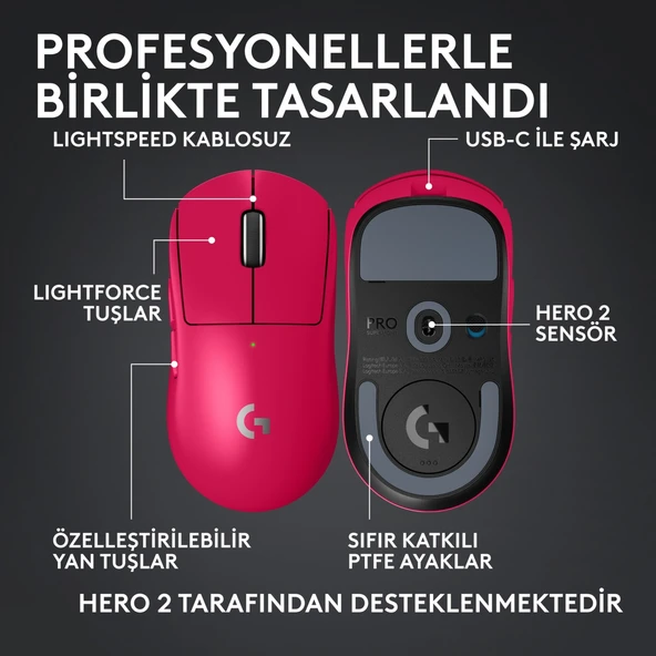 Logitech G Pro X SUPERLIGHT 2C Hafif Hero 2 Sensör 32.000 Dpı Lıghtspeed Kablosuz Oyuncu Mouse - Pembe - Resim 6