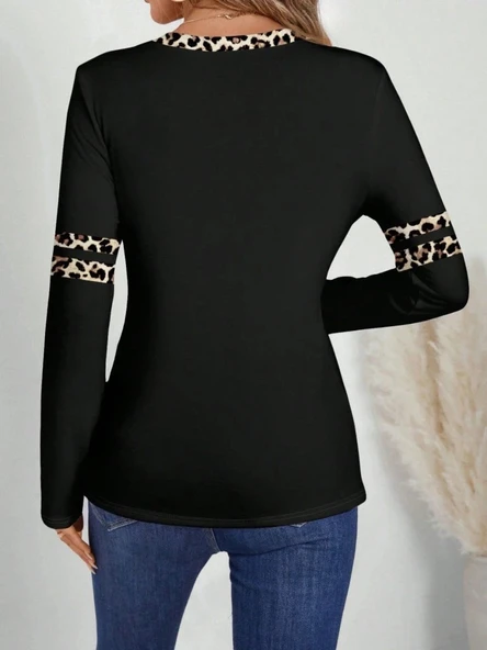 MDB Kadın Uzun Kollu V Yakalı Leopar Desenli Viskon Iki Iplik Bluz - Resim 3