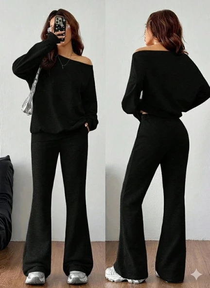 MDB Kadın Uzun Kollu Tek Omuzdan Açık Iki Iplik Bluz Ve Pantolon Ikili Takım - Resim 4