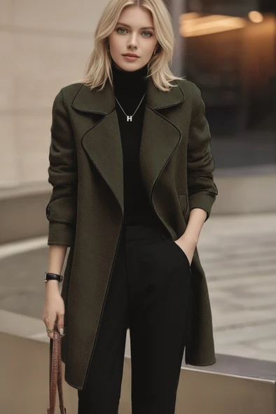 Kaşe Kadın Şık Tasarım Yaka Kaban ve Kemer - Resim 2