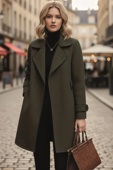 Kaşe Kadın Şık Tasarım Yaka Kaban ve Kemer - Resim 4