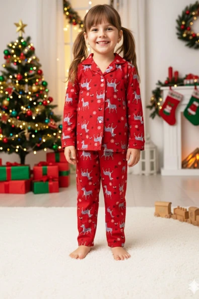 Kız Çocuk Pat Yakalı-Baskılı ve Düğme Kapamalı-%100 Pamuk Süet Pijama Takımı 12443 - Resim 2