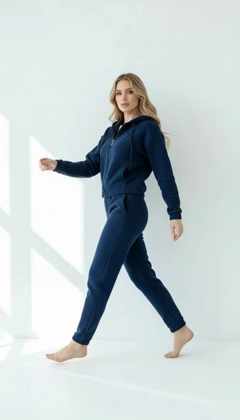 3 iplik şardonlu Kapşonlu fermuarlı kısa üst lacivert pat8590 - Resim 2