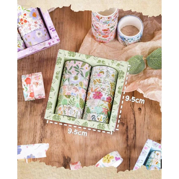 Kare Vintage Washi Tape Bant Yapışkanlı Maskeleme Kağıdı Desenli Bant 12'li - Yeşil Çiçekler - Resim 4