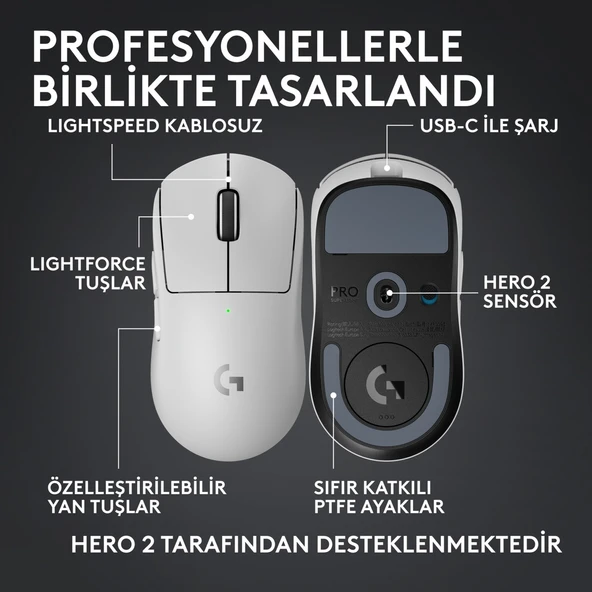 Logitech G Pro X SUPERLIGHT 2C Hafif Hero 2 Sensör 32.000 Dpı Lıghtspeed Kablosuz Oyuncu Mouse - Beyaz - Resim 6