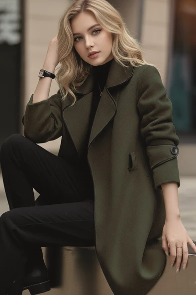 Kaşe Kadın Şık Tasarım Yaka Kaban ve Kemer ürün görseli 1