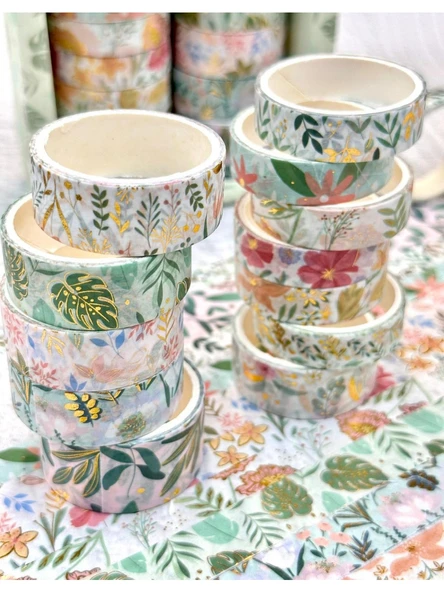 Kare Vintage Washi Tape Bant Yapışkanlı Maskeleme Kağıdı Desenli Bant 12'li - Yeşil Çiçekler - Resim 3