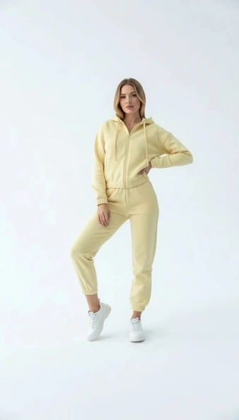 3 iplik şardonlu Kapşonlu fermuarlı kısa üst sarı pat8590 - Resim 3