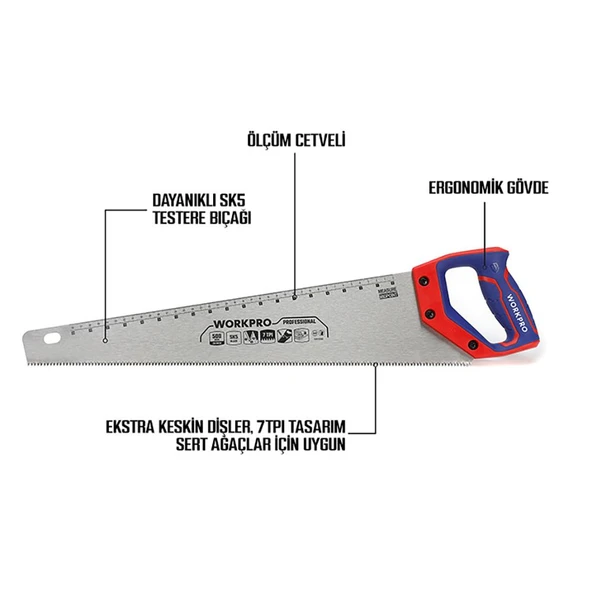 WORKPRO WP215007 500mm SK5 7 TPI Ağır Hizmet Tipi El Testeresi - Resim 2