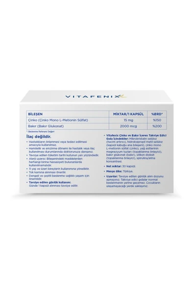 Vitafenix Çinko ve Bakır Takviye Edici Gıda 30 Kapsül - Resim 2