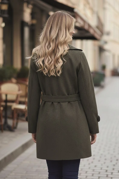 Kaşe Kadın Şık Tasarım Yaka Kaban ve Kemer - Resim 2