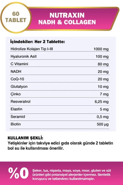 Nutraxin Nadh Collagen 60 Tablet Tip1 Tip3 Hyaluronik Asit, Elastin, Seramid, Resveratrol Glutatyon - Resim 4