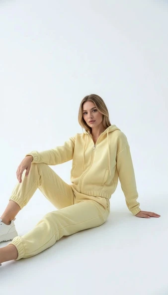 BİÇOMİ 3 iplik şardonlu Kapşonlu fermuarlı kısa üst sarı pat8590 ürün görseli 1