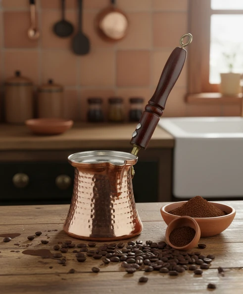 SÖZEN İşlemeli Ahşap Saplı El Yapımı Dekoratif Bakır Cezve ürün görseli 1