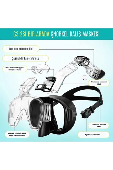 HPYTECH Şnorkel Seti-Yumuşak Silikon,Kamera Uyumlu Dalış Maske, Su Sızdırmaz  (Mavi) - Resim 4