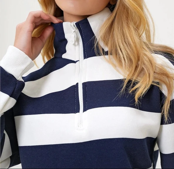 MDB Kadın Uzun Kollu Balıkçı Yaka Fermuar Detay şeritli üç Iplik Kumaş weat - Resim 2