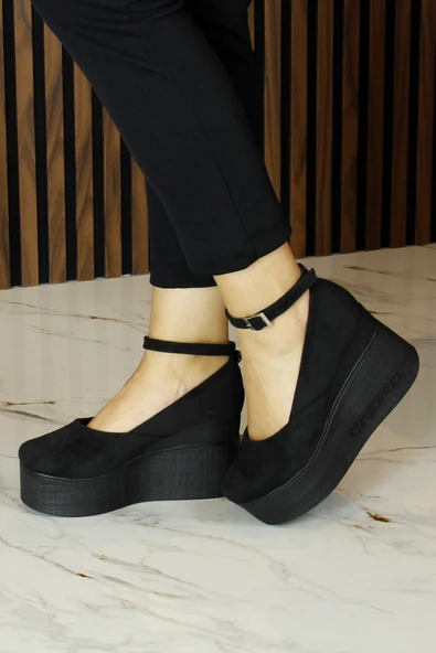 Erkan Saçmacı Tushar Siyah Süet Yuvarlak Burun Bantlı Gizli Dolgu Topuklu Günlük Ayakkabı - Resim 6