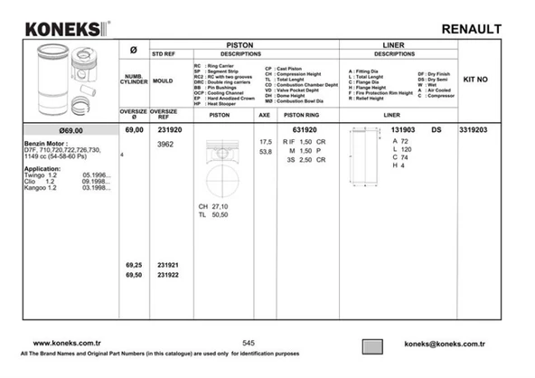 Renault Gömlek Twingo (d7f) - 1.2  8v 69mm Semi - Koneks 131903 ürün görseli 1