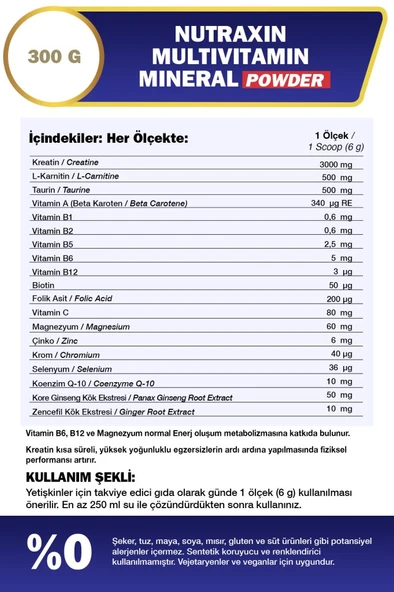 Nutraxin Multivitamin Mineral Powder 300 Gr Magnezyum, Taurin, Kreatin, L Carnitin, Ginseng, Co10, Energy - Resim 3
