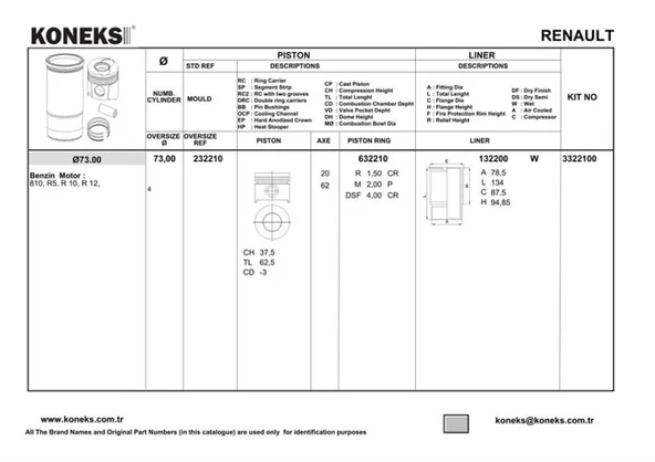 Renault Eski Gömlek R12 1300 CC 73mm Std - Koneks 132200 ürün görseli 1